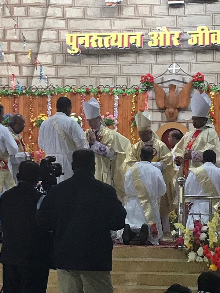 Bishop McKnight presides at the Ordination Mass for five men in the Cathedral of the Holy Rosary in Kunkuri on Jan. 4.